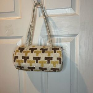 Eswanny beaded Brown,gold &beige satchel faux leather reptile print straps
